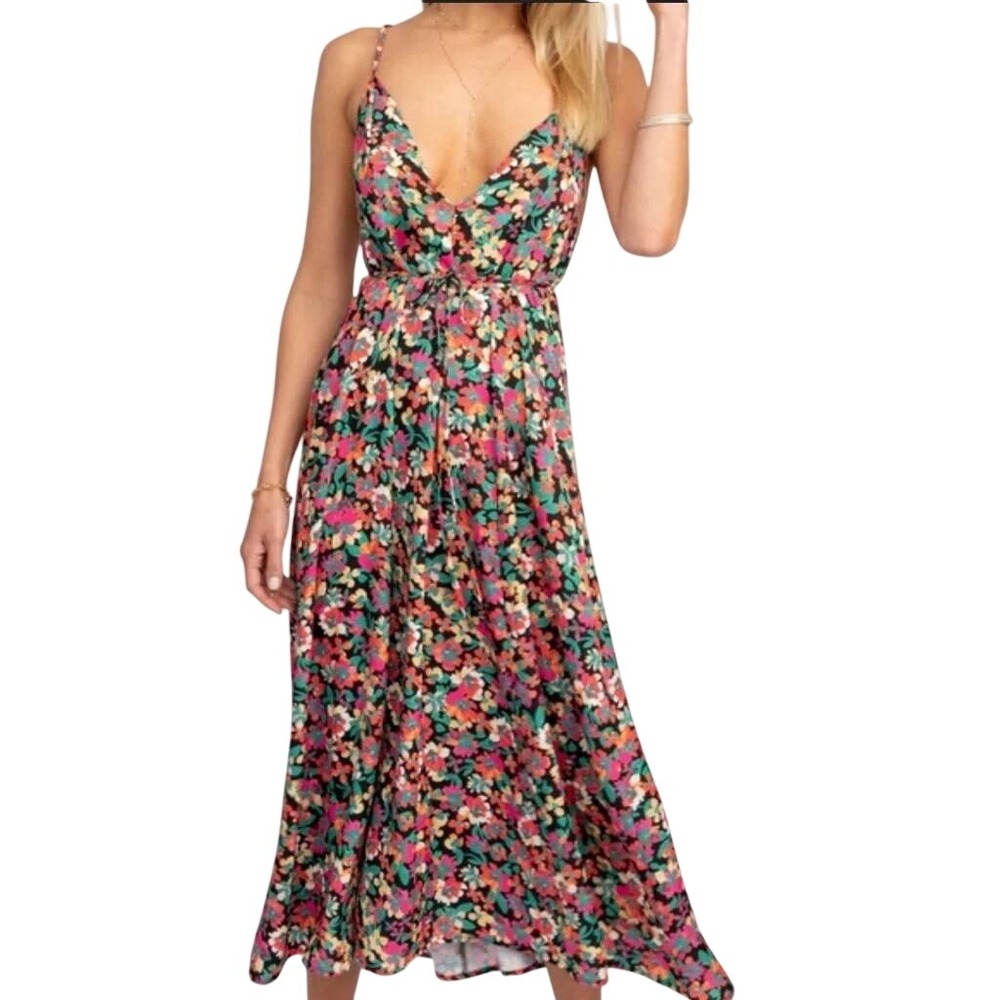 RESA Hannah Double V-Neck Floral Midi Dopamine Dress Black XS